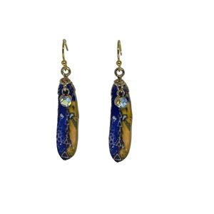 Blue & Yellow Feather Earrings Crystal Dangle - Gold Tone - Hypoallergenic